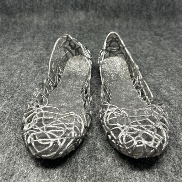 Sparkly Silver Jelly Shoes Women's Size 10 US Flat Web Cutout Design - Picture 1 of 10